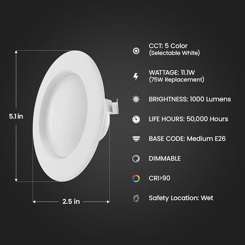 Feit Electric تعزيز 4IN LED LED REACROUTED ، 75W مكافئ ، 1000 لومين ، قابلة للضايق ، ودرجة حرارة اللون الأبيض القابل للتعديل ، تناسب معظم المطبخ 4 بوصة ، 90+ CRI ، 50،000 ساعة العمر ، LEDR4XHO/6WYCA in Kuwait