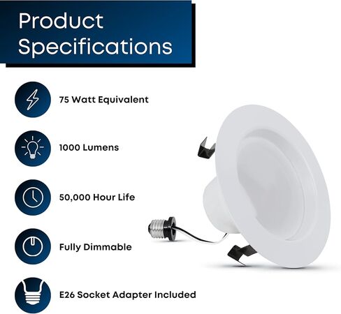 Feit Electric تعزيز 4IN LED LED REACROUTED ، 75W مكافئ ، 1000 لومين ، قابلة للضايق ، ودرجة حرارة اللون الأبيض القابل للتعديل ، تناسب معظم المطبخ 4 بوصة ، 90+ CRI ، 50،000 ساعة العمر ، LEDR4XHO/6WYCA in Kuwait