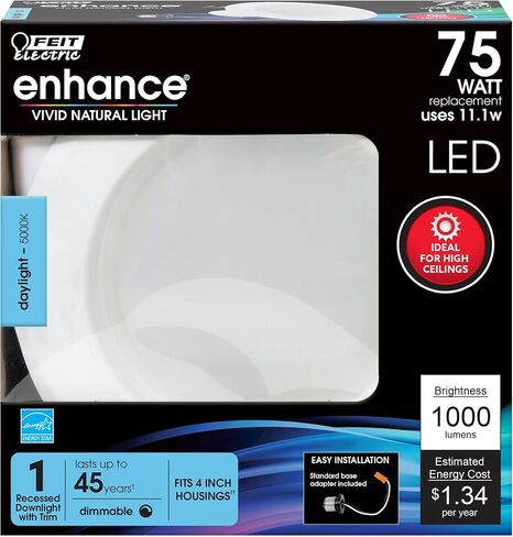 Feit Electric تعزيز 4IN LED LED REACROUTED ، 75W مكافئ ، 1000 لومين ، قابلة للضايق ، ودرجة حرارة اللون الأبيض القابل للتعديل ، تناسب معظم المطبخ 4 بوصة ، 90+ CRI ، 50،000 ساعة العمر ، LEDR4XHO/6WYCA in Kuwait