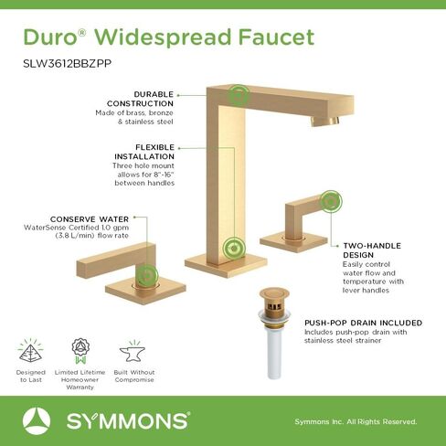 Symmons Duro Widespread Two-Handle Bathroom Faucet with Push Pop Drain Assembly in Polished Chrome (1.0 GPM), Large in Kuwait