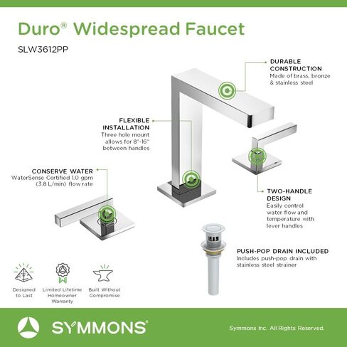 Symmons Duro Widespread Two-Handle Bathroom Faucet with Push Pop Drain Assembly in Polished Chrome (1.0 GPM), Large in Kuwait