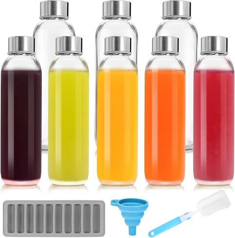8 Pack 18 oz Glass Juice Bottles with Leak Proof Caps - Reusable Glass Water Bottles with Stainless Steel Lids, Travel Juicing Bottles for Milk Smoothies Iced Coffee Beverage, Refrigerator Safe in Saudi Arabia