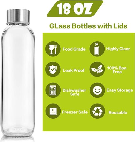 8 Pack 18 oz Glass Juice Bottles with Leak Proof Caps - Reusable Glass Water Bottles with Stainless Steel Lids, Travel Juicing Bottles for Milk Smoothies Iced Coffee Beverage, Refrigerator Safe in Saudi Arabia