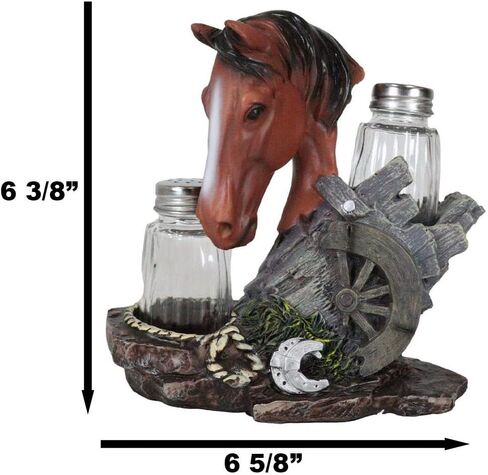 Ebros Country Western Chestnut Brown Stallion Horse by Farm Wagon Wheel Lasseshoes Salt و Pepper Hards Horder Set 6.25 "تمثال ديكور ريفي عالي الطراز (بني بني) in Saudi Arabia