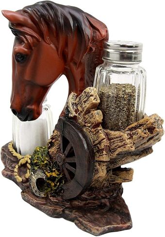 Ebros Country Western Chestnut Brown Stallion Horse by Farm Wagon Wheel Lasseshoes Salt و Pepper Hards Horder Set 6.25 "تمثال ديكور ريفي عالي الطراز (بني بني) in Saudi Arabia