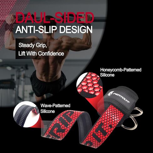 ​Double-Side Anti-Slip PERYOLYF Lifting Straps with D Ring - Adjustable Gym Straps for Deadlifts, Weightlifting & Cable Machine - Thick Wrist Support for Men & Women in Kuwait
