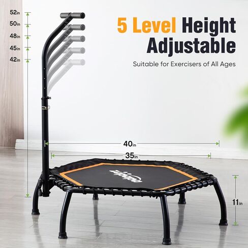 Zupapa Rebounder Trampoline للبالغين مع شريط قابل للتعديل داخلي صغير صغير للياقة التمرين التمرينات التمرينات الترامبولين للأطفال مع مقبض الحبال الصامتة 40 "45" 300 رطل القدرة in Kuwait