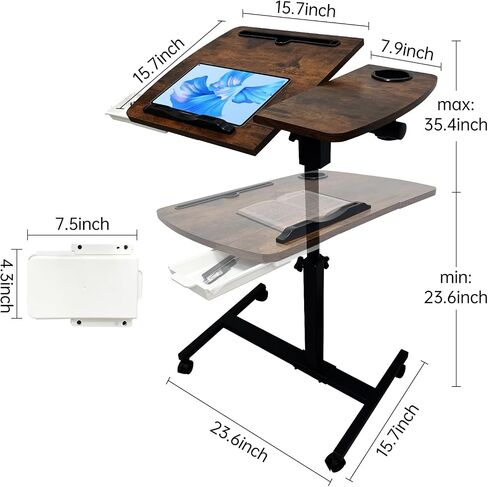 Medical Adjustable Overbed Bedside Table with Wheels, Mobile Standing Desk Laptop Computer Cart with Phone Holder and Drawer for Hospital and Home Use in Saudi Arabia