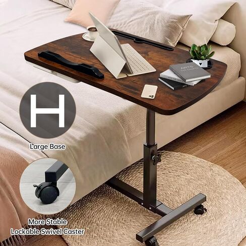 Medical Adjustable Overbed Bedside Table with Wheels, Mobile Standing Desk Laptop Computer Cart with Phone Holder and Drawer for Hospital and Home Use in Saudi Arabia