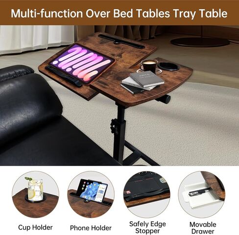 Medical Adjustable Overbed Bedside Table with Wheels, Mobile Standing Desk Laptop Computer Cart with Phone Holder and Drawer for Hospital and Home Use in Saudi Arabia