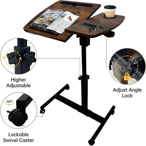 Medical Adjustable Overbed Bedside Table with Wheels, Mobile Standing Desk Laptop Computer Cart with Phone Holder and Drawer for Hospital and Home Use in Saudi Arabia