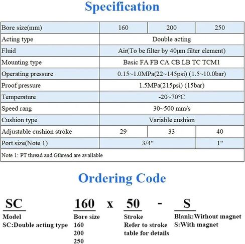 SC160/200mm Big Bore Standard Air Cylinders Pneumatic Piston Cylinder Double Acting SC 25 to 800 1000mm Stroke(Stroke 600mm,SC160 Without Magnet) in Saudi Arabia