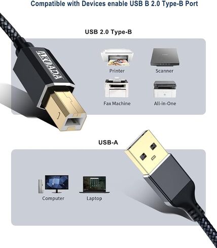 AkoaDa Printer Cable 15ft USB 2.0 Type A Male to B Male Printer Scanner Cord High Speed Compatible with HP, Canon, Dell, Epson, Lexmark, Xerox, Samung and More in Kuwait