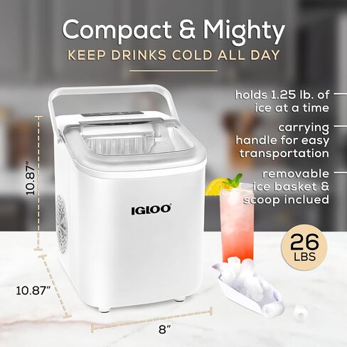 Igloo ICEB26HNWHN Automatic Self-Cleaning Portable Electric Countertop Ice Maker Machine With Handle, 26 Pounds in 24 Hours, 9 Ice Cubes Ready in 7 minutes, With Ice Scoop and Basket, White in Saudi Arabia