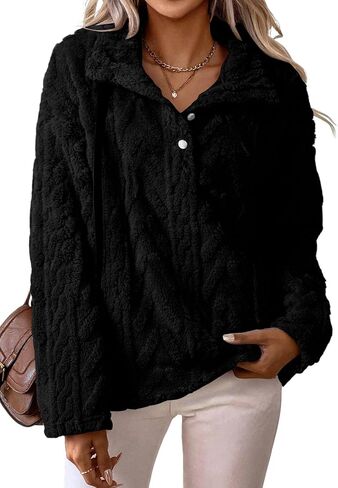 BLENCOT Womens Casual Button Collar Warm Sherpa Pullover Cable Fleece Sweatshirt Long Sleeve Tops Coat with Pockets in Saudi Arabia