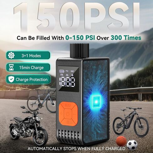 Yitamotor Max 150ppsi مضخة دراجة كهربائية مع مقياس مصغر ، ومضخة إطارات الدراجة المحمولة ، وكرات الهواء القابلة لإعادة شحنها مع Presta و Schrader Valve لدراجة MTB Road Bike Mountain وكرات in Saudi Arabia