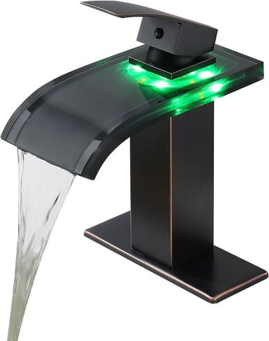 Bathroom Faucet LED 3 Color Changing Waterfall Spout, Bathroom Vessel Faucet Single Handle One Hole Vanity Commercial Modern, Mixer Tap Brushed Nickel Short Body Brass with Supply Hose in Saudi Arabia