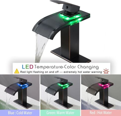 Bathroom Faucet LED 3 Color Changing Waterfall Spout, Bathroom Vessel Faucet Single Handle One Hole Vanity Commercial Modern, Mixer Tap Brushed Nickel Short Body Brass with Supply Hose in Saudi Arabia
