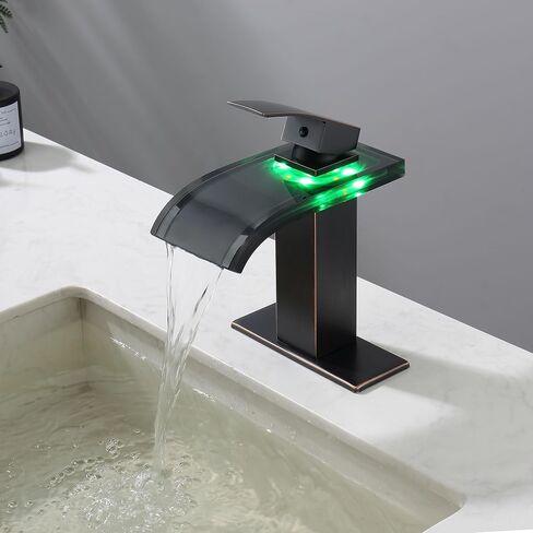 Bathroom Faucet LED 3 Color Changing Waterfall Spout, Bathroom Vessel Faucet Single Handle One Hole Vanity Commercial Modern, Mixer Tap Brushed Nickel Short Body Brass with Supply Hose in Saudi Arabia