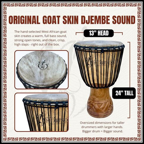 Africa Heartwood Project Hand-Carved Djembe Drum from Africa - 13"x24" Classic Ghana Djembe (Adi-Daas Carving) - Solid Wood Shell & Natural Goat Skin - Ready to Play Out of the Box Musical Instrument in Saudi Arabia
