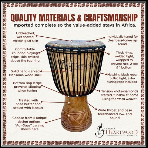 Africa Heartwood Project Hand-Carved Djembe Drum from Africa - 13"x24" Classic Ghana Djembe (Adi-Daas Carving) - Solid Wood Shell & Natural Goat Skin - Ready to Play Out of the Box Musical Instrument in Saudi Arabia