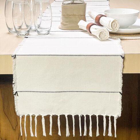 Chardin Home 13x72 Inch Ivory Sevily Table Runner ، ديكور بوهيمي مصنوع من الناحية الحرفية ، عداءات الطاولة الطبيعية لغرفة الطعام ، أسلوب بوهو الأنيق ، مثالي للديكور المنزلي الريفي والحديث in Kuwait