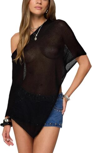 Amiblvowa Women Sheer Poncho Top Knit Crochet See Through Shrug Y2K Asymmetrical Mesh Shawl Beach Cover Up Lightweight Cape in Saudi Arabia