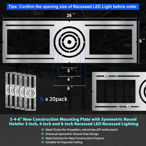 New Construction Mounting Plate, 3-4-6 Inch, LED Recessed Lighting Housing Kits for remodeling, Basement remodeling, Hanging Ceiling and LED Lighting, Shallow Recessed Lighting Housing Plate,20PC in Kuwait
