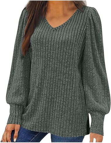 Women's Rib Knit Top V Neck Long Sleeve Tunic Blouse Fall Winter Oversized Lightweight Casual Shirt in Saudi Arabia