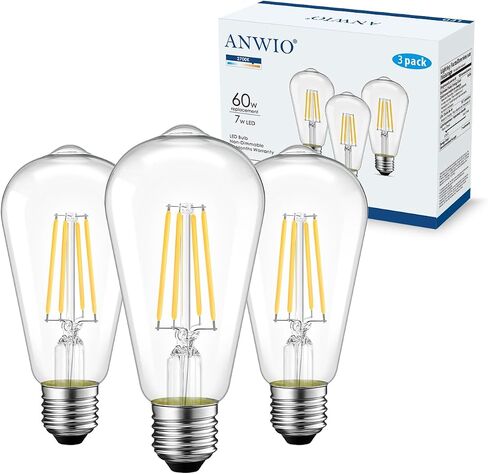 ANWIO Vintage LED Edison Bulbs 3-Pack, 7W, Equivalent 60W, Non-Dimmable, ST58 2700K Warm White Antique LED Filament Bulbs,E26 Medium Base, Clear Glass Style for Home and Commercial in Saudi Arabia