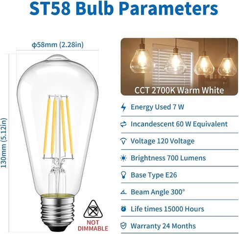 ANWIO Vintage LED Edison Bulbs 3-Pack, 7W, Equivalent 60W, Non-Dimmable, ST58 2700K Warm White Antique LED Filament Bulbs,E26 Medium Base, Clear Glass Style for Home and Commercial in Saudi Arabia