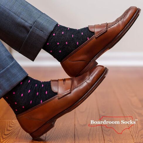 Boardroom Socks Men's Over the Calf Merino Wool Patterned Dress Socks (Navy W/Orange Dots, Charcoal W/Pink Dots, Black W/Red Dots) in Kuwait