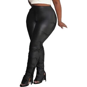 Floerns Women's Plus Size Pu Leather High Waist Split Hem Stacked Pants Trousers