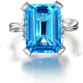 Uloveido Women's White Gold Plated Emerald Cut Big Blue Cubic Zirconia Halo Statement Wedding Flower Ring RJ292