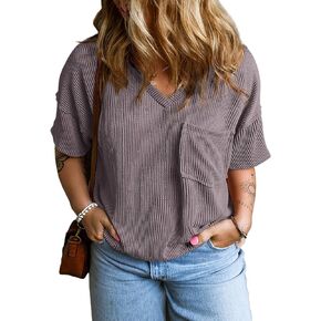 Eytino Womens Plus Size Tops Short Sleeve Sexy V Neck Knitted Blouse Loose Casual Tunic T-Shirts (1X-5X)