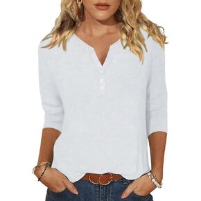 EADINVE Womens 3/4 Sleeve T-Shirts V Neck Buttons Tops Basic Tee Solid Color Blouse Loose Fit Pullover Summer Shirts 2024