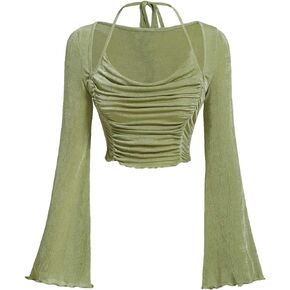COZYEASE Women's Y2K Ruched Lettuce Trim Tie Back Long Sleeve Asymmetrical Cut Out Halter Crop Top Shirt