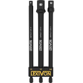LEXIVON Impact Grade Socket Adapter Set, 6" Extension Bit With Holder | 3-Piece 1/4", 3/8", and 1/2" Drive, Adapt Your Power Drill To High Torque Impact Wrench (LX-102)