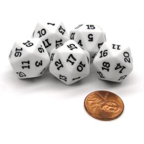 Koplow Games Set of 5 Twenty Sided 19mm D20 Opaque Dice RPG D&D White with Black Numbers Die