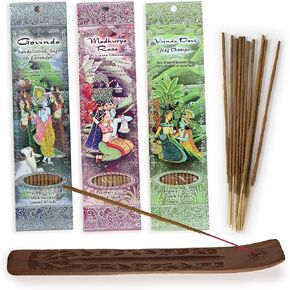 Prabhuji's Gifts Govinda, Madhurya Rasa, Vrinda Devi Hand-Rolled Spiritual Incense Sticks - Aromatic Sticks - for Meditation, Yoga, Relaxation, Aromatherapy Incense - 3 Packs of 10 Sticks with Burner