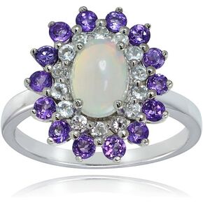 Sterling Silver Ethiopian Opal, African Amethyst and White Topaz Oval Flower Ring