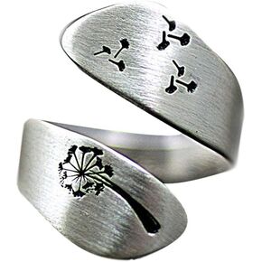 Dandelion and Seeds Flower Wrap Rings for Women Girls Finger Band Statement Vintage Silver Plated Middle Tail Ring Wide Hypoallergenic Expandable Adjustable Cute Engagement Promise Dainty Mother Gifts Birthday