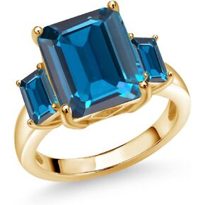 Gem Stone King 18K Yellow Gold Plated Silver London Blue Topaz 3-Stone Ring For Women (8.82 Cttw, Emerald Cut 12X10MM and 6X4MM, Gemstone Birthstone, Available In Size 5, 6, 7, 8, 9)