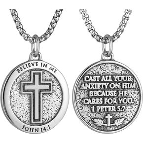 HZMAN Bible Verse Necklace for Men Women Stainless Steel Inspirational Verse Cross Round Pendant Jewelry Gift