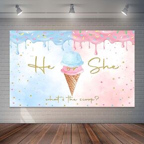 Ice Cream Gender Reveal Backdrop Summer He or She Ice Cream Photography Background Gold Dots What's The Scoop Gender Reveal Cake Table Banner Decor (7x5ft)