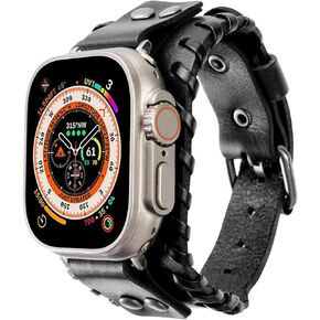 Compatible with Apple Watch Band 49mm 45mm 44mm 42mm 41mm 40mm 38mm iWatch Ultra Series 9/8/7/SE/6/5/4/3/2/1 for Men Women, Leather Handmade Cuff Bracelet Woven Vintage Strap