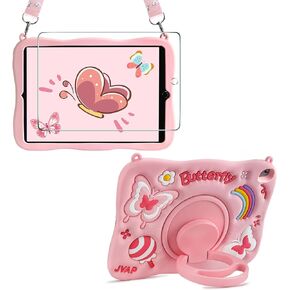 JAKPAK for iPad 9th 8th 7th Generation Case Kids, iPad 10.2 Case Cover with Screen Protector Lanyard Kickstand for Girls,Cute Cartoon Soft Silicone Shockproof Tablet Protective Cover 10.2'' Pink