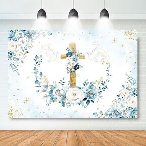 Mocsicka God Bless Baby Shower Backdrop for Boy First Holy Communion Baptism Christening Party Decorations Newborn Mi Primera Communion Photography Background Banner (Blue, 7x5ft(82''x60''))