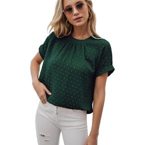 Chiffon Work Blouses for Women Dressy Casual Swiss Dots Short Sleeve Tops Back Button Flowy Summr Shirt Tunic Tops