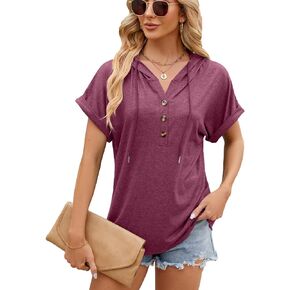 Women's Casual Summer Hoodies Short Sleeve Drawstring Hoodies Tops Button Front V Neck Pullover T-Shirts Tops